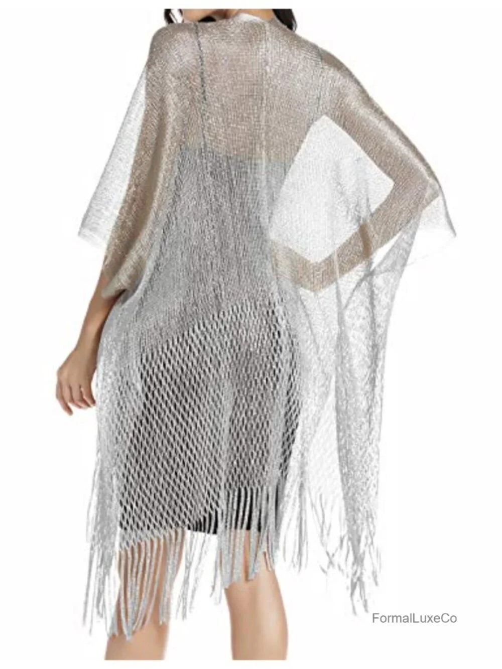 Sequin Shimmer Metallic Fringe Cape Wrap Evening Shawl Cardigan Formal Wedding